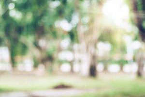 grün getönten verschwommenen Natur Bokeh öffentlicher Park mit mehreren Bäumen. foto