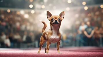 ai generiert Stammbaum reinrassig Chihuahua Hund beim Ausstellung von reinrassig Hunde. Hund zeigen. Tier Ausstellung. Wettbewerb zum das die meisten reinrassig Hund. Gewinner, zuerst Ort. Beige Farbe. Werbung, Banner, Poster, Karte foto