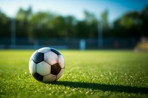 ai generiert Ball auf das Grün Feld mit verschwommen Fußball Stadion. Fußball Spiel foto