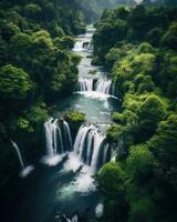 ai generiert Antenne Aussicht von ein Fluss fließend durch ein üppig Grün Wald mit Wasserfall foto