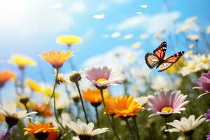 ai generiert Natur Schmetterling Garten Grün Wiese blühen Tier Gänseblümchen Blumen- Gelb Pflanze Tag Sonne foto