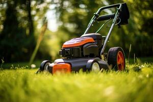 ai generiert Sommer- Gras Gartenarbeit Natur Werkzeug Pflege Rasen Arbeiten Ausrüstung Maschine Feld mähen Mäher foto