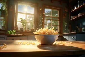 ai generiert Mais Pop Tabelle Snack Ernährung Hintergrund frisch Kino Film Nahansicht salzig köstlich foto