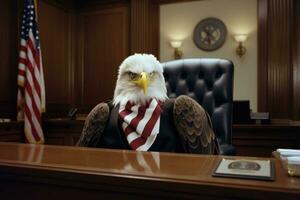 ai generiert Raubvogel Gerichtssaal National Patriotismus rot Blau Gesetz Streifen kahl Adler amerikanisch Amerika foto