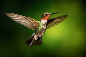 ai generiert Feder summend schön Tierwelt Grün Kolibri Nektar Vogel fliegend Fütterung wild foto