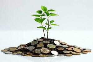 ai generiert Verdienste Finanzen Wachstum Weiß Geld Reichtum Hintergrund Münzen Baum Konzept wachsen Geschäft foto