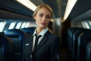 ai generiert Transport Jet Kabine Verkehrsflugzeug Person Frauen Stewardess Flugzeug Luft Schönheit Flugzeug foto