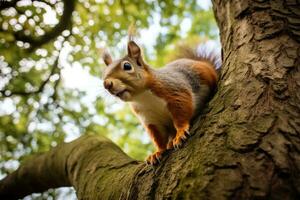 ai generiert Nuss draußen pelzig Pelz Säugetier Wald wild Schwanz flauschige süß rot Eichhörnchen Tierwelt Nagetier foto