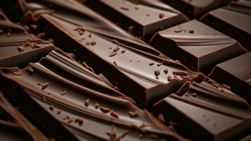 ai generiert Gourmet köstlich Nahansicht dunkel Schokolade lecker Kakao Hintergrund Stück braun Essen Süss foto