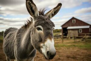 ai generiert Tier Gras Nahansicht Esel Pelz Feld ländlich Porträt inländisch Säugetier suchen süß foto