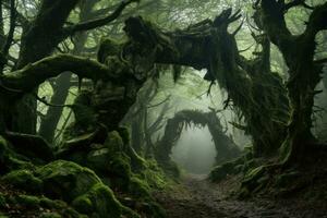 ai generiert Natur Kofferraum Moos Nebel üppig Umgebung Urwald Licht Grün Berg Wald Nebel Baum foto