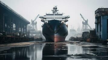 ai generiert Boot Container Hafen Transport kommerziell Schiff Hafen Kran Meer Rumpf Wasser foto