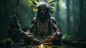 ai generiert Ritual tropisch Primitive Stamm Männer ethnisch indisch Stammes- Gesicht Religion einheimisch Mensch foto