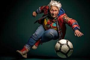 ai generiert gesund Frau Lebensstil Porträt Alten weiblich älter Fußball reifen Senior Alter Erwachsene foto