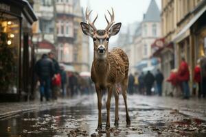 ai generiert Porträt wild Natur Hirsch braun Geweih Hirsch Weiß Winter männlich Tierwelt Dollar kalt Schnee foto