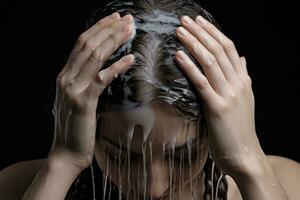 ai generiert Badezimmer Frau waschen Kopf nass Wellness Person Erwachsene weiblich Gesundheit Schaum Haar Wasser nackt foto