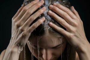 ai generiert Kopf Frau kaukasisch Hintergrund Person Körper Shampoo Haar Haut Hygiene sauber Schönheit foto