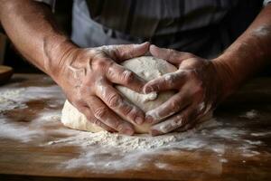 ai generiert Mehl Backen Koch Essen Gebäck Koch Bäcker Brot Teig Bäckerei hausgemacht Tabelle machen Küche foto