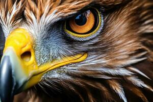 ai generiert Vogel Tiere Gelb Nahansicht Kopf wild Raubvogel Schnabel Raubtier Feder Eule Adler aussehen Falke foto