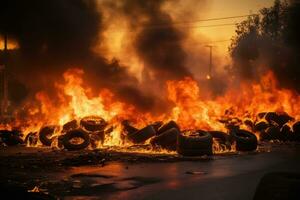 ai generiert brennen Feuerwehrmann Hitze Achtung Nacht Polizei schwarz Notfall Flamme Zerstörung Feuer heiß foto