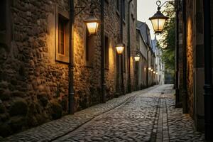 ai generiert Nacht mittelalterlich städtisch Tourismus Wahrzeichen Gebäude uralt Stadt, Dorf Straße Abend Gasse foto