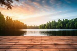 ai generiert hölzern still Ruhe Himmel Sonne Holz Wasser Sonnenuntergang See Sonnenaufgang Sommer- Natur Landschaft foto