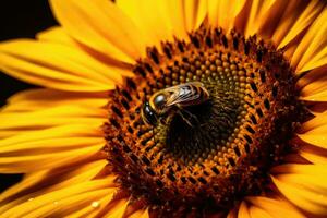 ai generiert Natur blühen Blütenblatt Nahansicht Grün Biene Insekt Sonnenblume Nektar Blume Sommer- Pollen foto