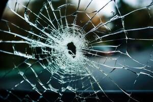 ai generiert Scharf Unfall Fenster Muster Vandalismus Gewalt gebrochen zerschlagen Beschädigung Glas foto