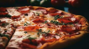 ai generiert Pizza auf Tisch. geschlossen oben und selektiv Fokus. Essen Design zum Speisekarte und Rezept foto