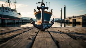 ai generiert nautisch Versand Meer Ozean Boot Wasser festgemacht Seil Segeln Sonnenuntergang Sommer- Hafen Blau Dock foto