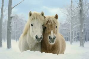 ai generiert Bauernhof kalt Pferdesport Pony Säugetier wild Weide braun jung Schnee Porträt Winter Mähne foto