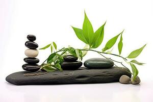 ai generiert Pflege Spa Stapel Frieden Meditation Zen Blatt Therapie Pflanze Kieselstein Grün Schönheit Entspannung foto