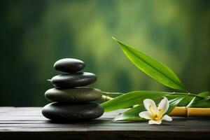 ai generiert Massage Spa Grün Konzept Steine Balance Entspannung Kieselstein Behandlung asiatisch Gesundheit foto