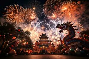 ai generiert Chinesisch Pagode Stadt rot Festival Asien Neu Reise Kultur Religion Nacht Tempel Licht foto