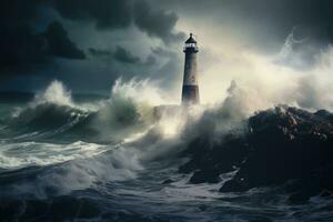 ai generiert Ufer Seelandschaft Welle Licht Himmel Meer stürmisch Tide dramatisch Leuchtturm Leistung Hurrikan Wasser foto