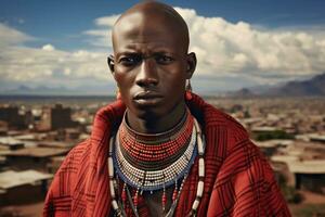 ai generiert Afrika Mann Dorf schwarz afrikanisch Kenia Stamm Lächeln Porträt Stammes- ethnische Zugehörigkeit Gesicht Massai foto