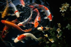 ai generiert Garten Weiß Goldfisch Tier Wasser- Fische Japan japanisch Wasser Teich Karpfen Koi Gold foto