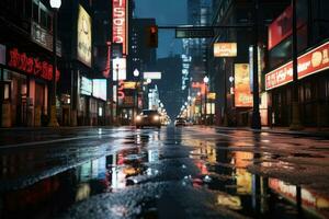 ai generiert Straße USA nass dunkel Amerika Manhattan nyc Nacht der Verkehr Broadway Regen Menschen Stadtbild foto