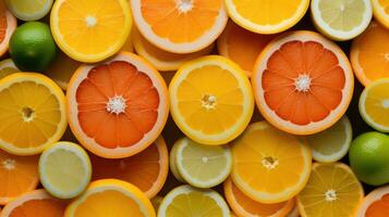 ai generiert Gelb Früchte Hintergrund Schnitt Essen organisch Orange saftig frisch Natur Saft Zitrusfrüchte foto
