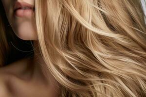 ai generiert Schönheit lange Styling blond Friseur Farbe Behandlung Welle Mode Hintergrund weiblich foto