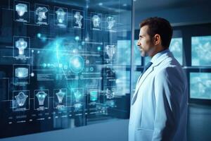 ai generiert Mann futuristisch Bildschirm Innovation Technologie Gesundheitswesen Computer Digital Medizin foto