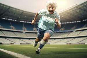 ai generiert Frauen Fußball Athlet Wettbewerb Fitness Lauf weiblich Weiß Mannschaft Stadion Fußball jung foto