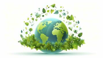 ai generiert Erde ist umgeben durch verschiedene Bäume und Ozean. feiern Welt Erde Tag, Welt Wasser Tag, und Umwelt Schutz foto