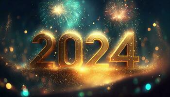 ai generiert glücklich Neu Jahr 2024, Neu Jahre Vorabend Feuerwerk Wunderkerze Party Feier Urlaub Gruß Karte mit Gold Jahr, Feuerwerk und Bokeh Beleuchtung auf dunkel Hintergrund foto