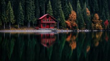 ai generiert wenig rot Haus im das Wald in der Nähe von das See. einsam Haus im das Wald foto