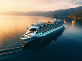 ai generiert Luxus Kreuzfahrt Schiff Segeln zu Hafen auf Sonnenaufgang foto