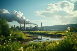 ai generiert Fabrik mit groß Schornsteine und Wolken von Rauch gegen ein Hintergrund von Grün Natur. Umwelt Verschmutzung foto