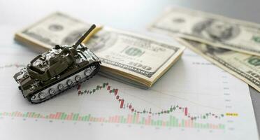 Panzer gegen das Hintergrund von Dollar. Konzept von Krieg. foto