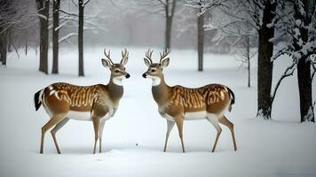 ai generiert heiter Winter Oase, majestätisch weißschwänzig Hirsch Anmut ein schneebedeckt Wiese foto