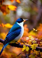 ai generiert schön wenig Vogel Meise Sitzung im ein Herbst Garten auf das Ast foto